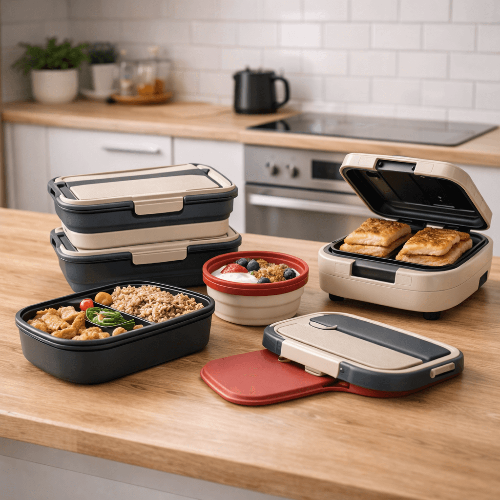 Multi-use kitchen essentials for urban living, featuring an air fryer, stackable bento boxes, collapsible colander, reusable containers, and insulated travel mug arranged on a modern apartment countertop.