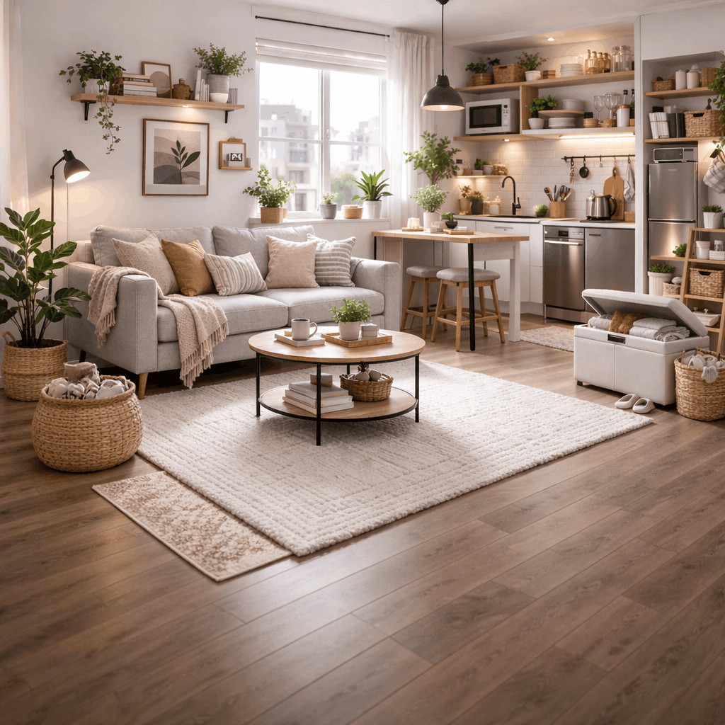 Bright, modern small apartment interior featuring a cozy Scandinavian-style living room and compact kitchen in one open layout.