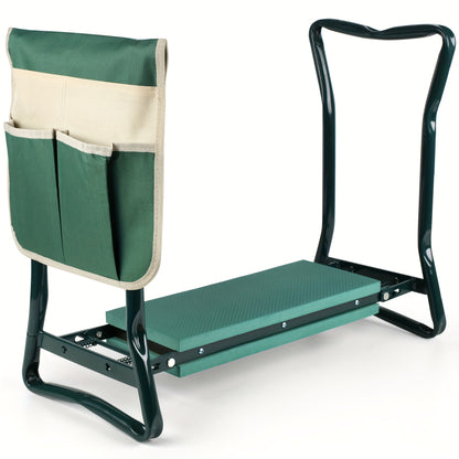A green and beige garden kneeler and seat with a strong metal frame and soft padding, designed to reduce knee strain.