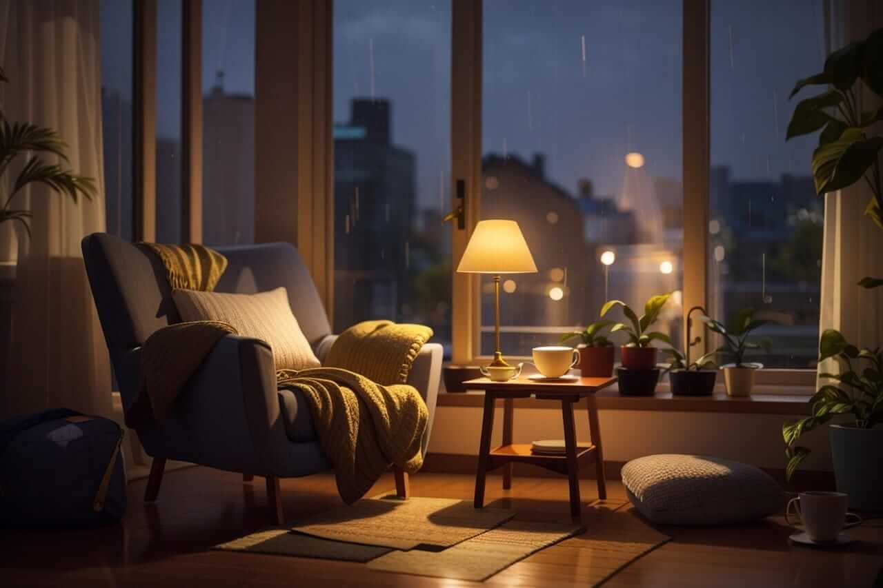 Small space urban living room with a chair, table, and cityscape view at night.