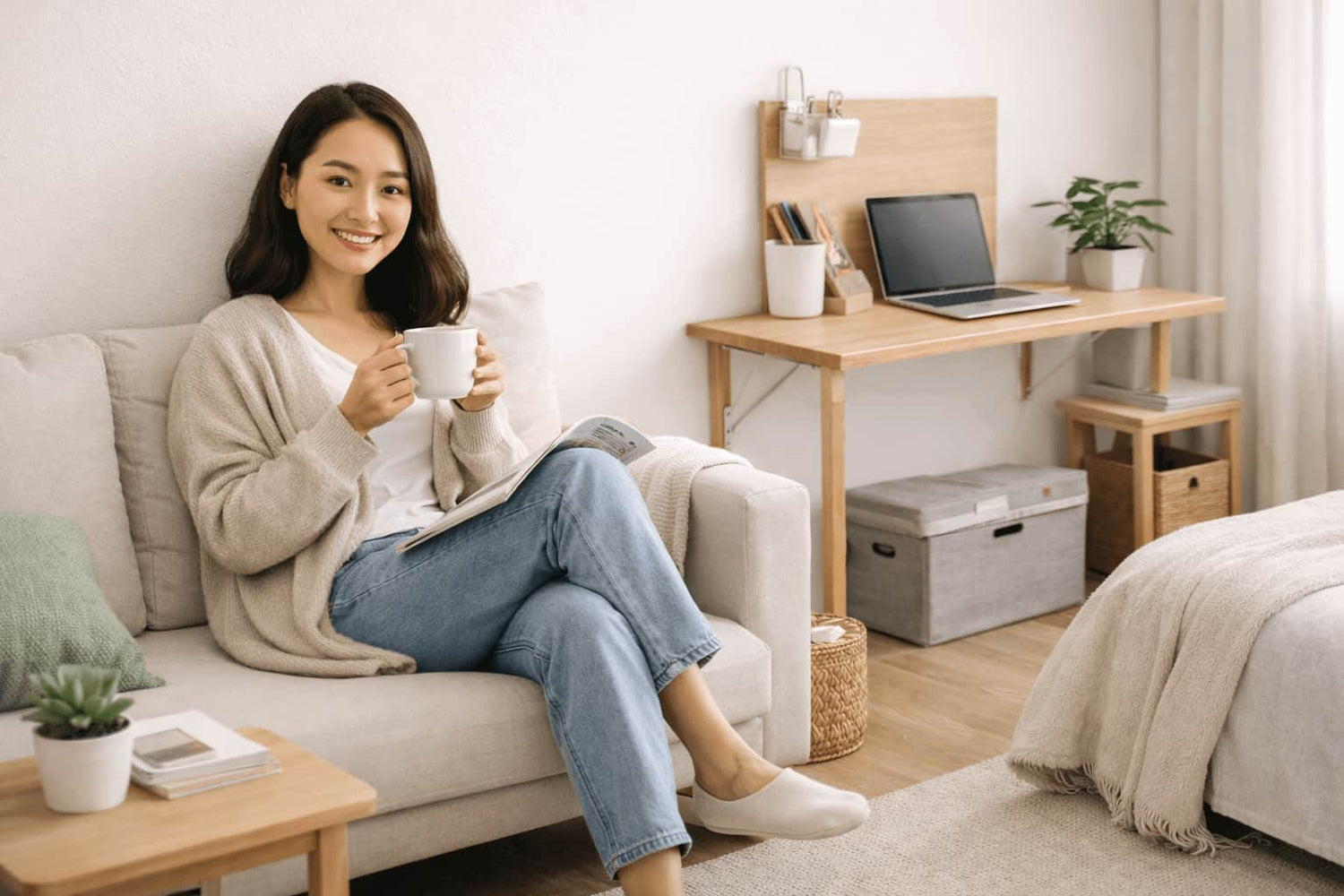 Woman sitting on a couch holding a mug in a cozy living room.