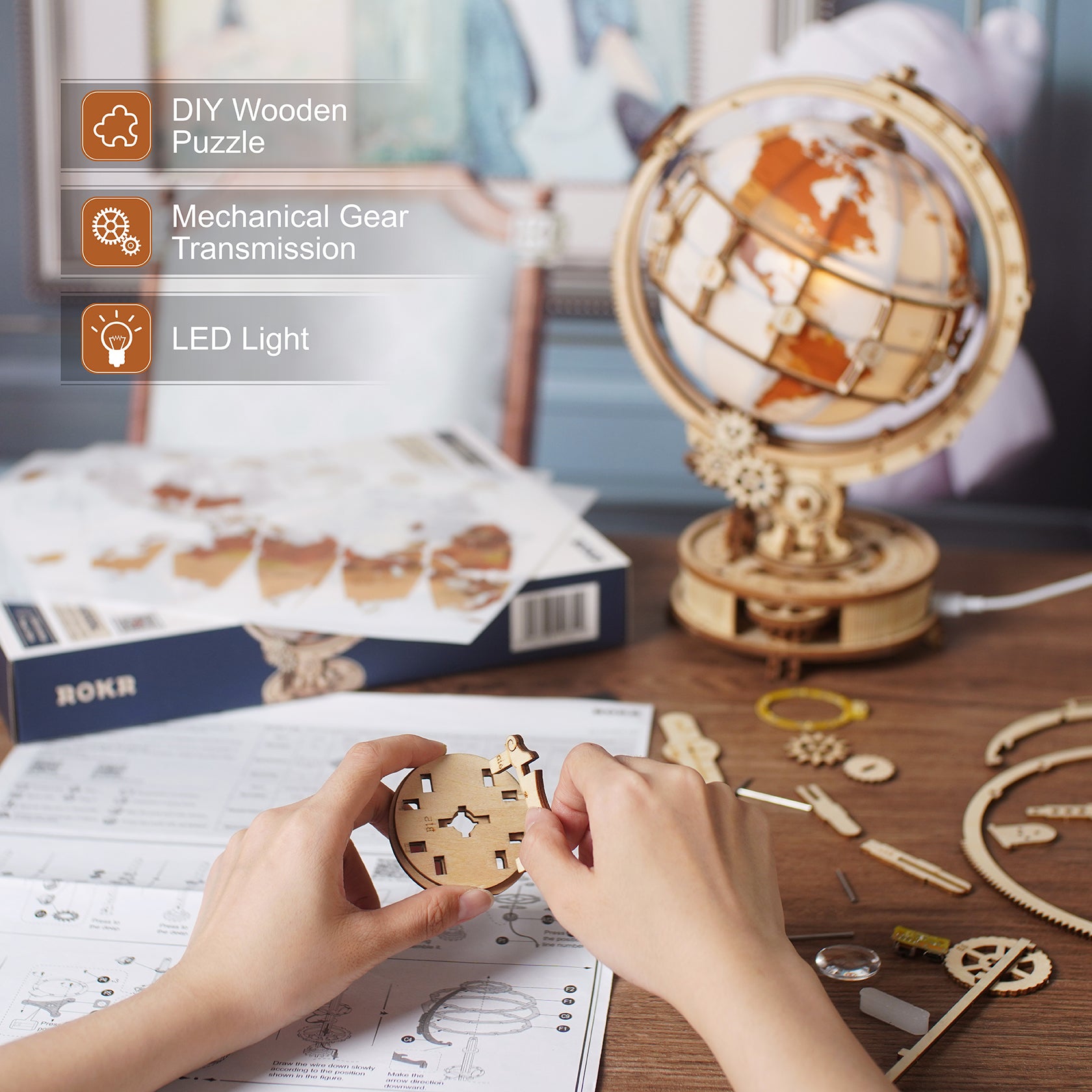 DIY 3D Luminous Globe Wooden Puzzle With LED Light - RileyOutlet.com