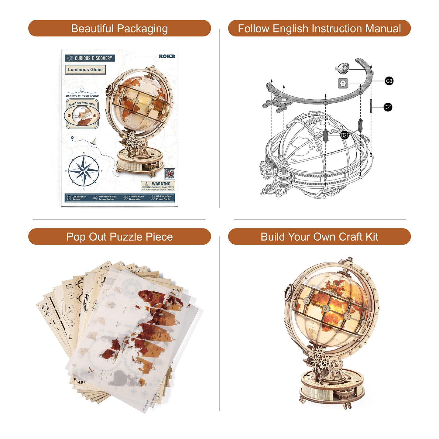 DIY 3D Luminous Globe Wooden Puzzle With LED Light - RileyOutlet.com