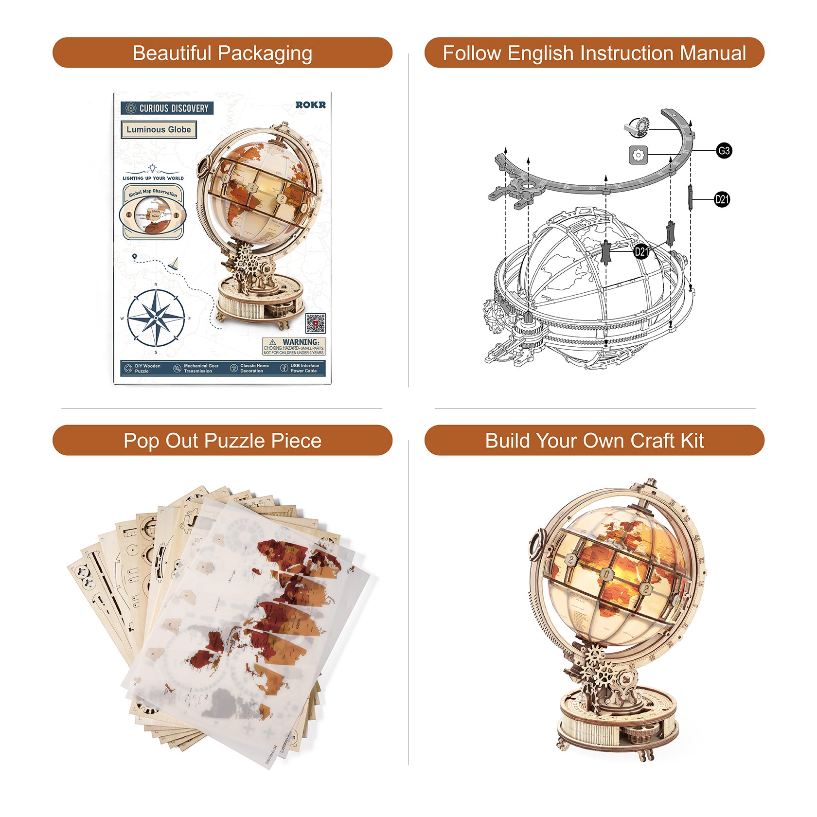 DIY 3D Luminous Globe Wooden Puzzle With LED Light - RileyOutlet.com