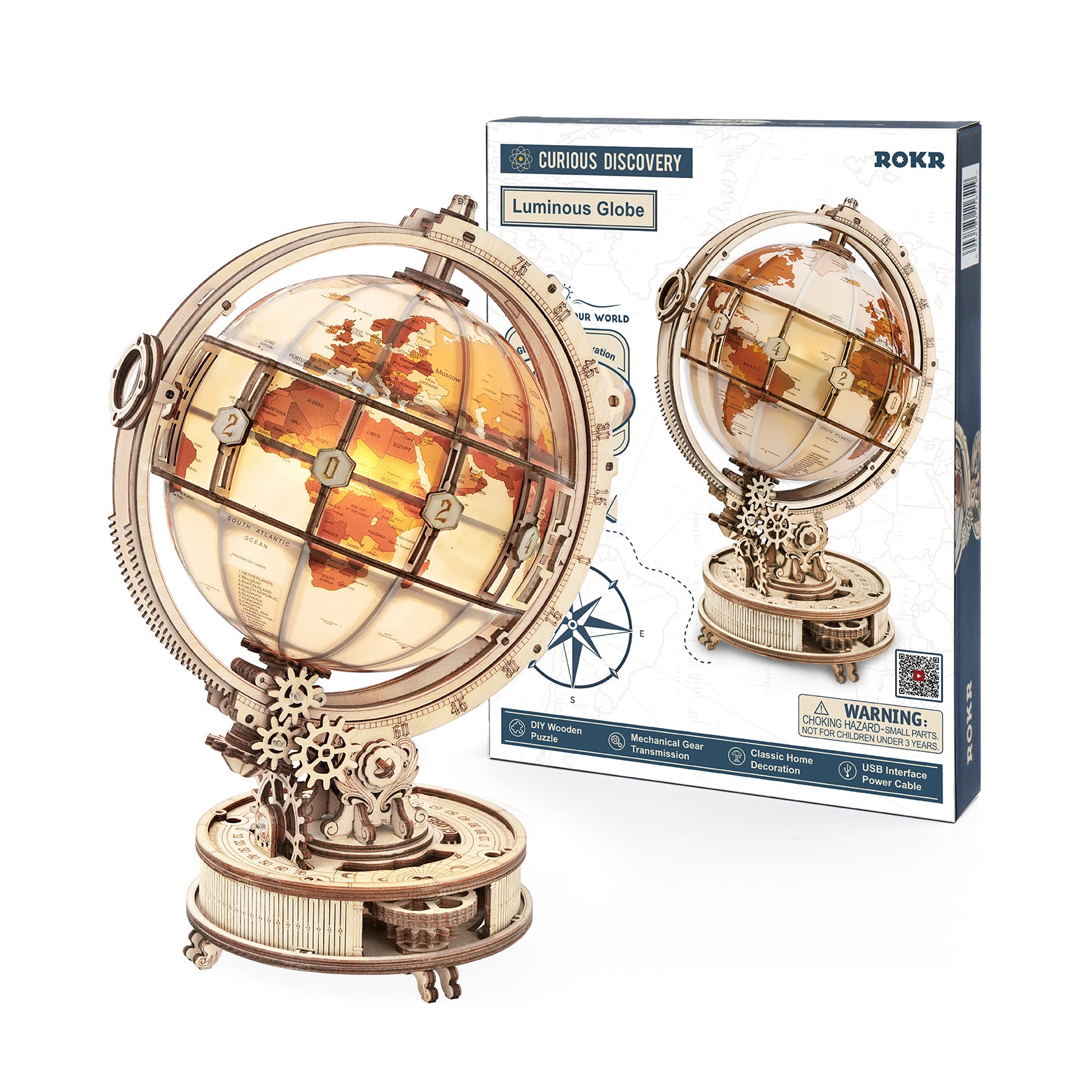 DIY 3D Luminous Globe Wooden Puzzle With LED Light - RileyOutlet.com